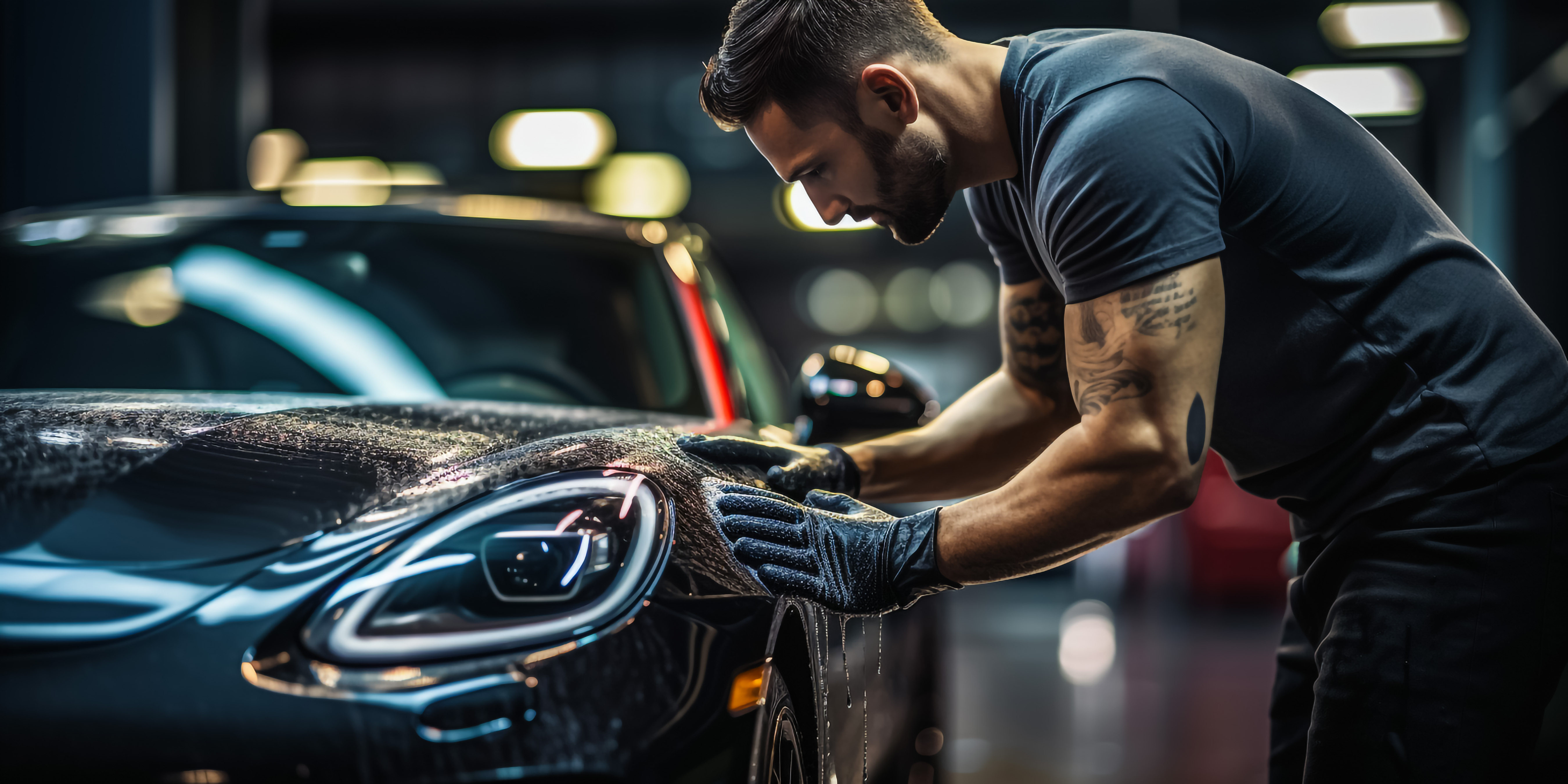 muž leštiaci čierne auto